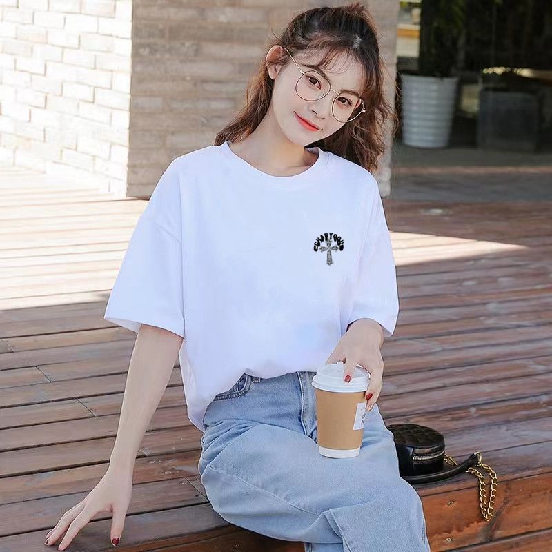 2023 Summer New White Pure Cotton Short-Sleeved T-shirt Women's Korean-Style Loose round Neck Women's Top Half Sleeve Shirt Wholesale