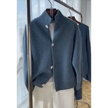 蓝色毛衣男秋冬新款韩版设计感宽松型单排扣高领针织开衫外套