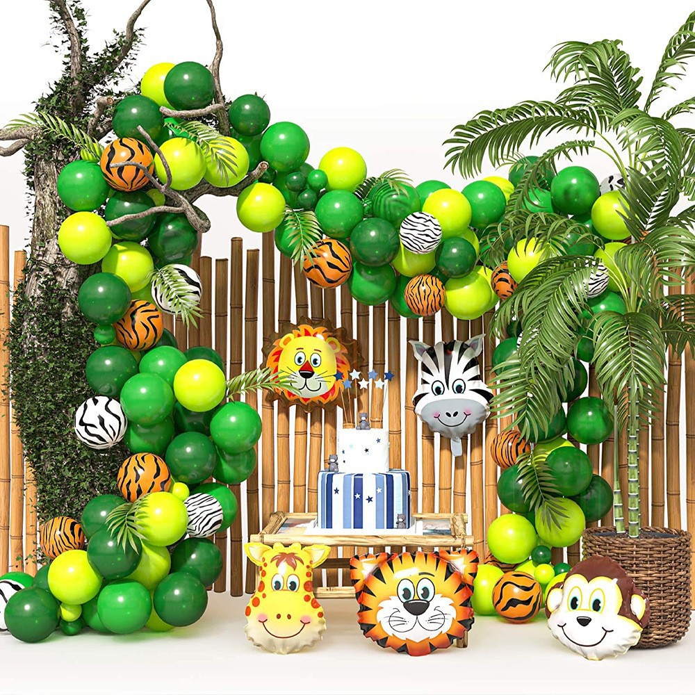 Cross-Border Cartoon Animal Head Birthday Party Balloon Amazon Tropical Green Jungle Set Monstera Theme