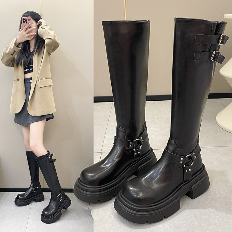 2024年冬季新款中跟厚底骑士靴英伦女靴高筒长靴厚底侧拉链女鞋