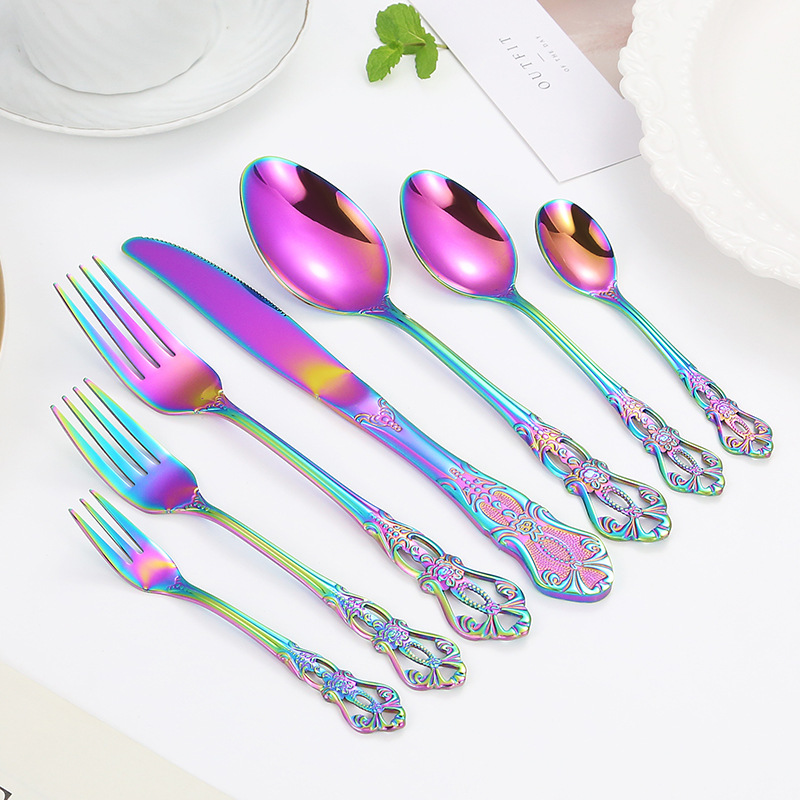 Royal Court 430 Stainless Steel Knife, Fork and Spoon Seven-Piece Cross-Border Relief Retro Western Tableware Set European Steak Knife and Fork