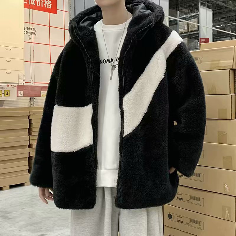 秋冬季羊羔毛外套男潮牌嘻哈加厚连帽棉袄bf港风宽松韩版潮流衣服