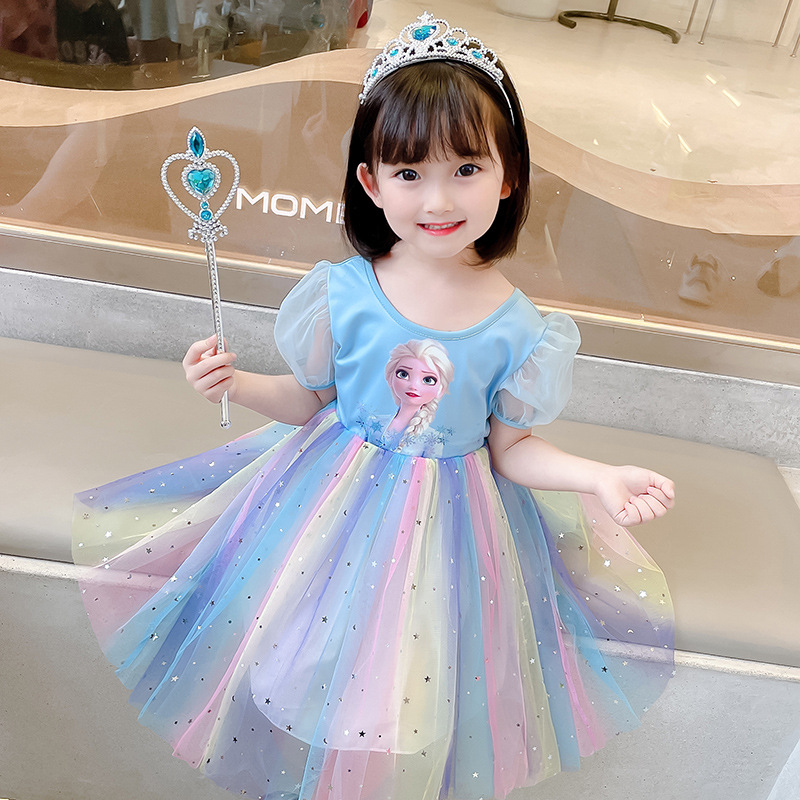 Girls' Princess Elsa Dress Frozen Summer Children's Rainbow Dress Summer Baby Aisha New Dress for Women