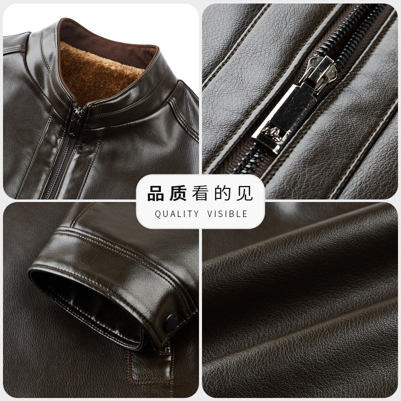 Leather Coat Men's Leather Jacket with Velvet Thickened Winter Thermal Middle-Aged Stand Collar Sheepskin Coat