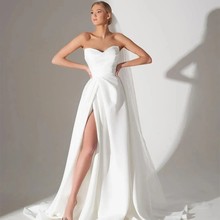 欧美跨境新娘白色简约抹胸婚纱经典时尚前开叉造型礼服草坪婚礼裙
