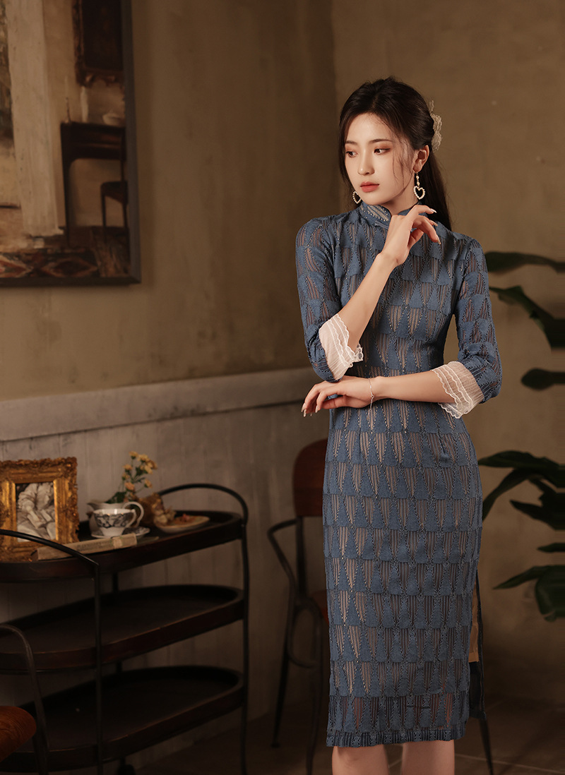 秋冬季改良新款雪尼尔蕾丝五分袖旗袍知性优雅低开衩复古旗袍厂家
