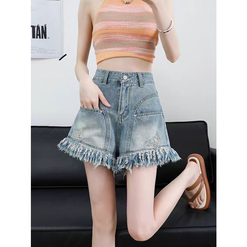 zthp流苏破洞牛仔短裤女夏季新款a字高腰显瘦辣妹小个子阔脚热裤