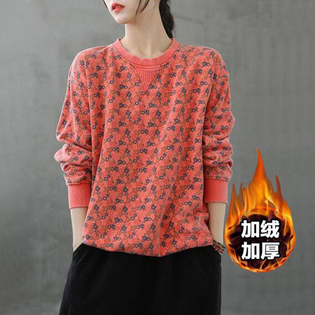 大码女装新款碎花加绒加厚卫衣女长袖套头外套秋冬季打底上衣女潮