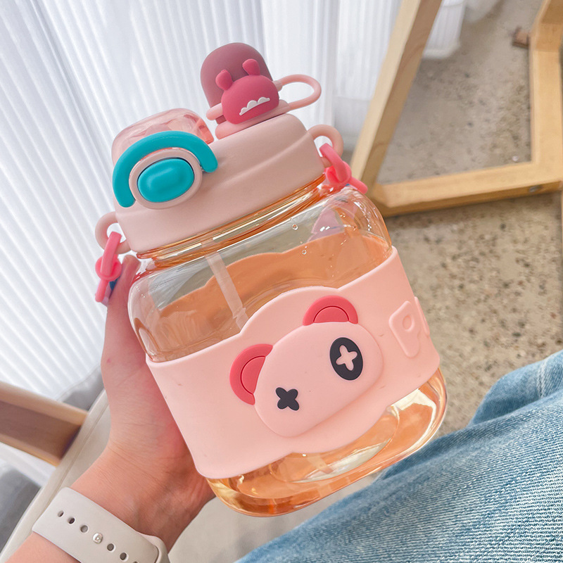 Summer Internet Celebrity Square Straw Plastic Cup Girl's Heart Sports Strap Kettle Large Capacity Double Drink Children's Water Cup