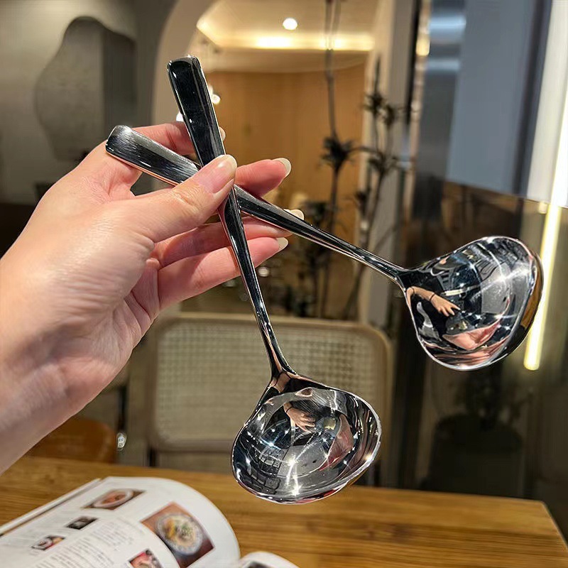 Good-looking Korean-Style Thickened Big Head Spoon Internet Celebrity Stainless Steel Spoon Household Soup Hot Pot Spoon Long Handle Large Spoon