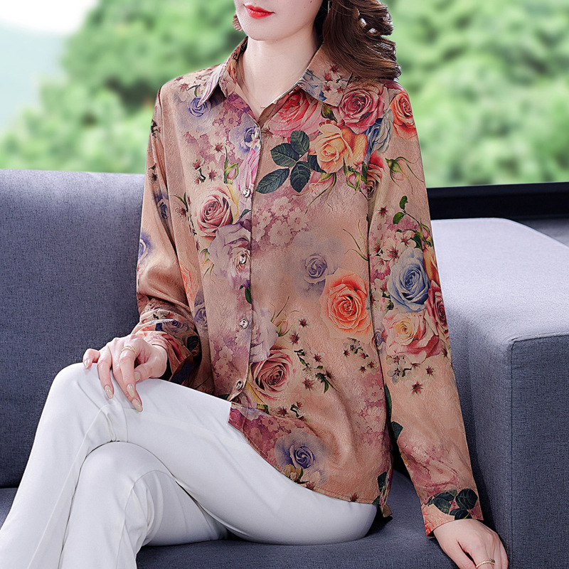 妈妈装衬衫长袖40-50岁中年真丝衬衣中老年女秋季桑蚕丝上衣
