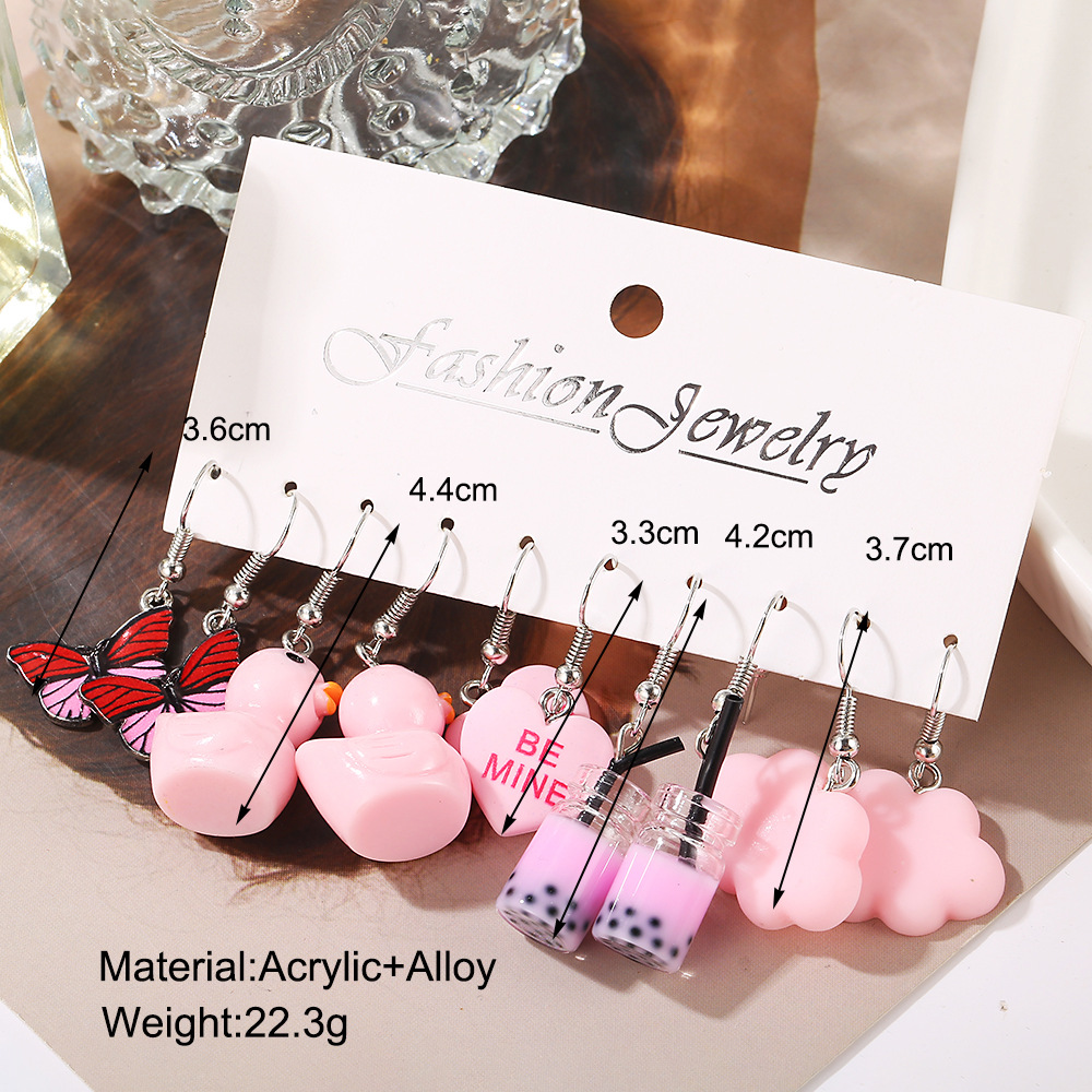 Cross-Border Eccentric Personality Pink Duck Butterfly Earrings Creative Acrylic Clouds Peach Heart Stud Earring Suit 5 Pairs