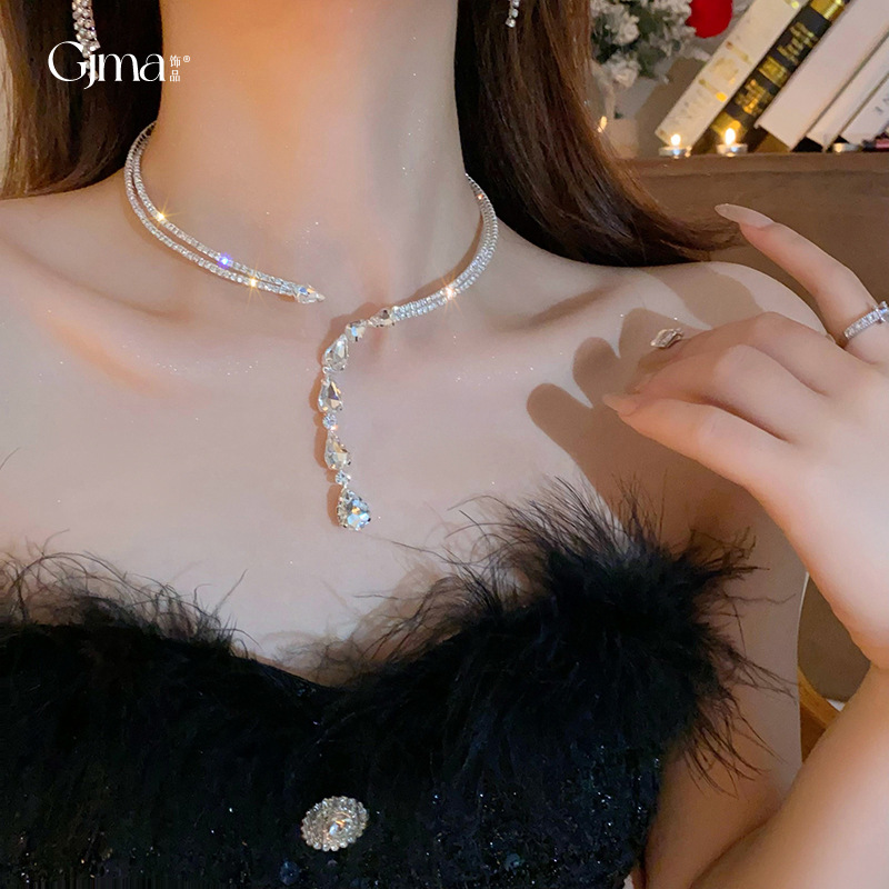 European and American-Style Light Luxury Diamond-Embedded Double-Layer Water Drop Tassel Necklace Niche Design Necklace Elegant Fashion High-Grade Necklace