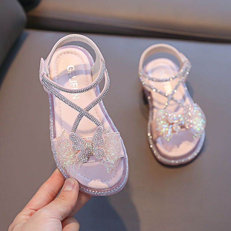 女童凉鞋2024夏季新款防滑软底中大童露趾沙滩鞋小童蝴蝶结公主鞋