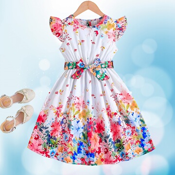 女孩中小童花朵印花可爱休闲连衣裙 腰带两件套childrens clothi
