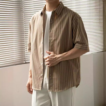 麦加仑简约细条纹衬衫男中袖休闲夏季韩系宽松男士衬衣短袖衬衫