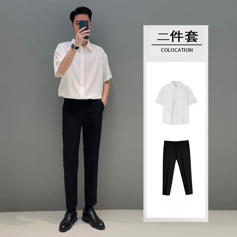 夏季男士短袖衬衫套装痞帅轻熟风冰丝衬衣青少年修身休闲一套搭配