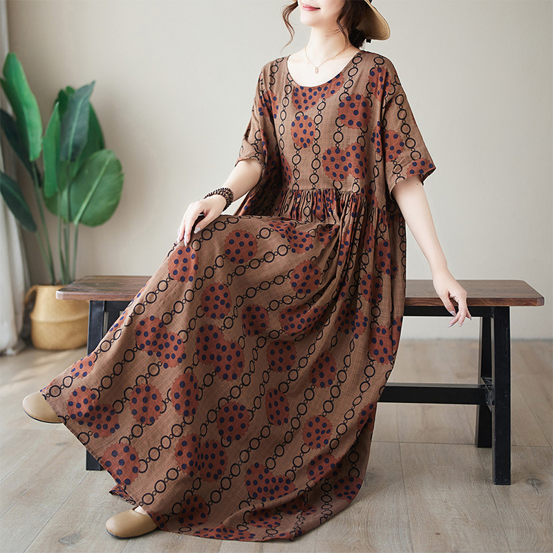 2024年夏季新款文艺宽松西米亚短袖圆领印花中长款连衣裙女#1387
