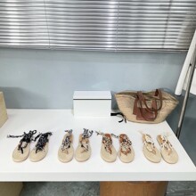 沙滩度假风草编人字拖女夏外穿厚底手工编织串珠系带罗马绑带凉鞋