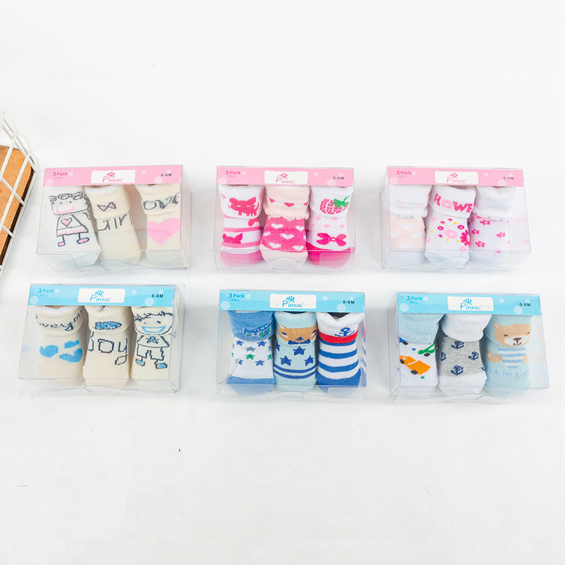 Foreign Trade Kid's Socks Baby's Socks Strips Cute Pattern Men and Women Baby and Infant Cartoon Socks 3 Pairs Gift Box