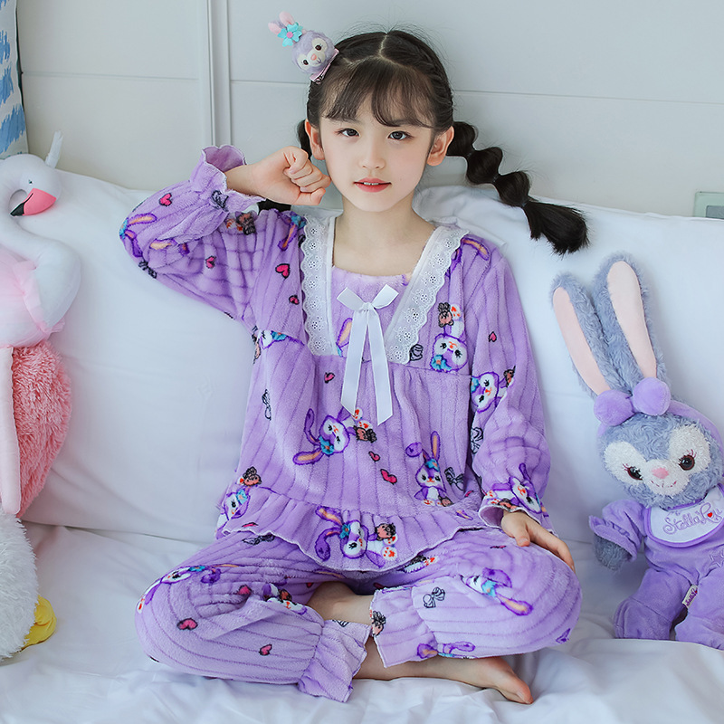 children‘s pajamas women‘s autumn and winter thickened flannel medium and big children girls‘ baby coral fleece cartoon homewear suit