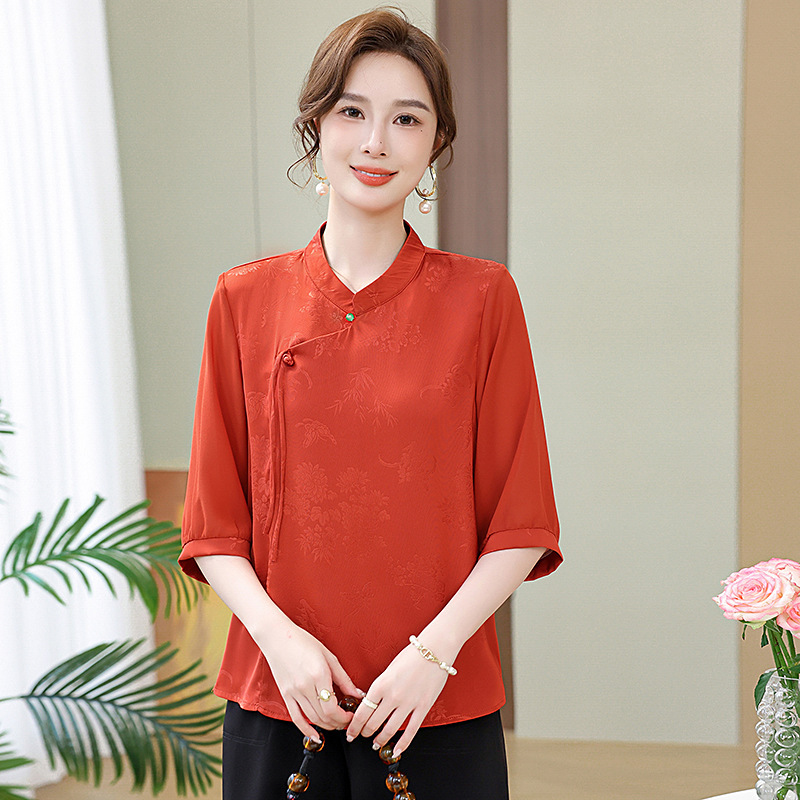 新款妈妈夏装新中式气质上衣中老年人女装夏天舒适t恤时尚洋气