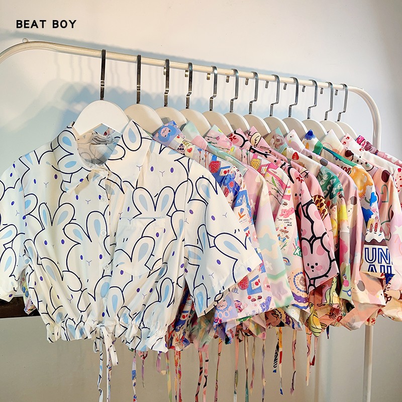 甜美兔子印花短款衬衫女夏季2024新款小众风设计风复古风辣妹上衣