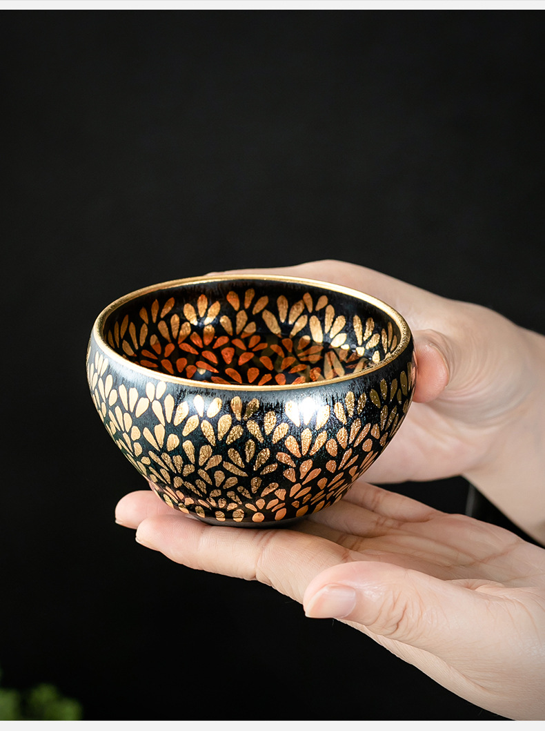 手工金油滴建盏铁胎黄金天目茶盏鎏金陶瓷主人杯金盏茶杯单个礼盒