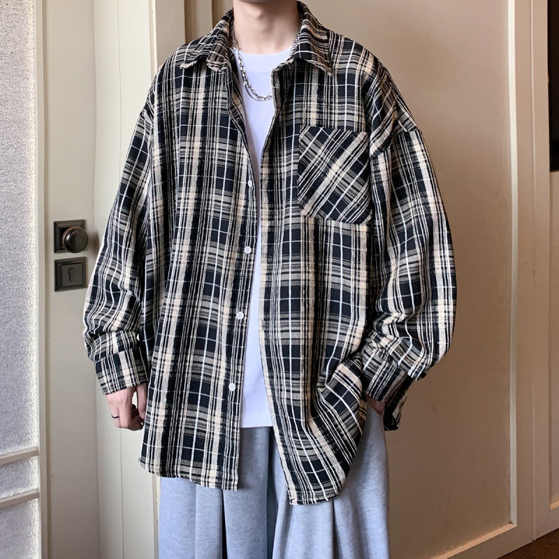2023港风休闲衬衫通勤男女同款格子衬衣-阿里巴巴