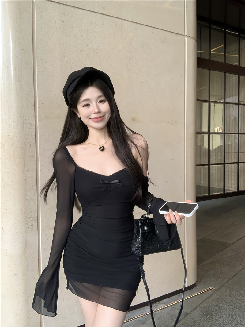 纯欲辣妹网纱拼接长袖连衣裙女春夏性感紫色露肩裙子紧身包臀短裙