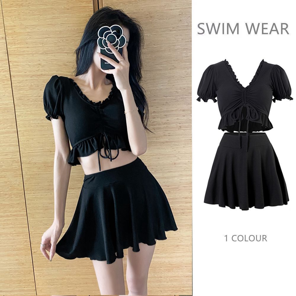 泳衣女保守2022新款韩国分体裙式遮肚显瘦学生少女泳装度假黑色