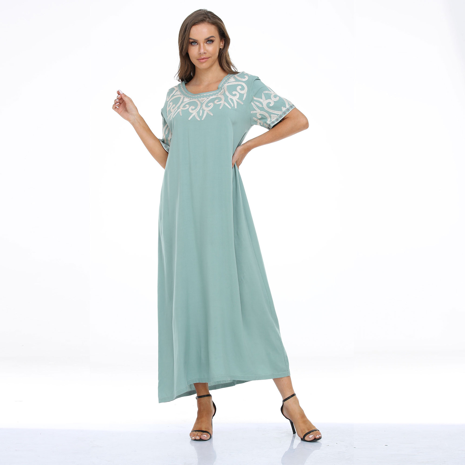 Cross-Border Women's Clothing Muslim Dress Dubai Middle East plus Size Robe Short Sleeve Loose Long Dress