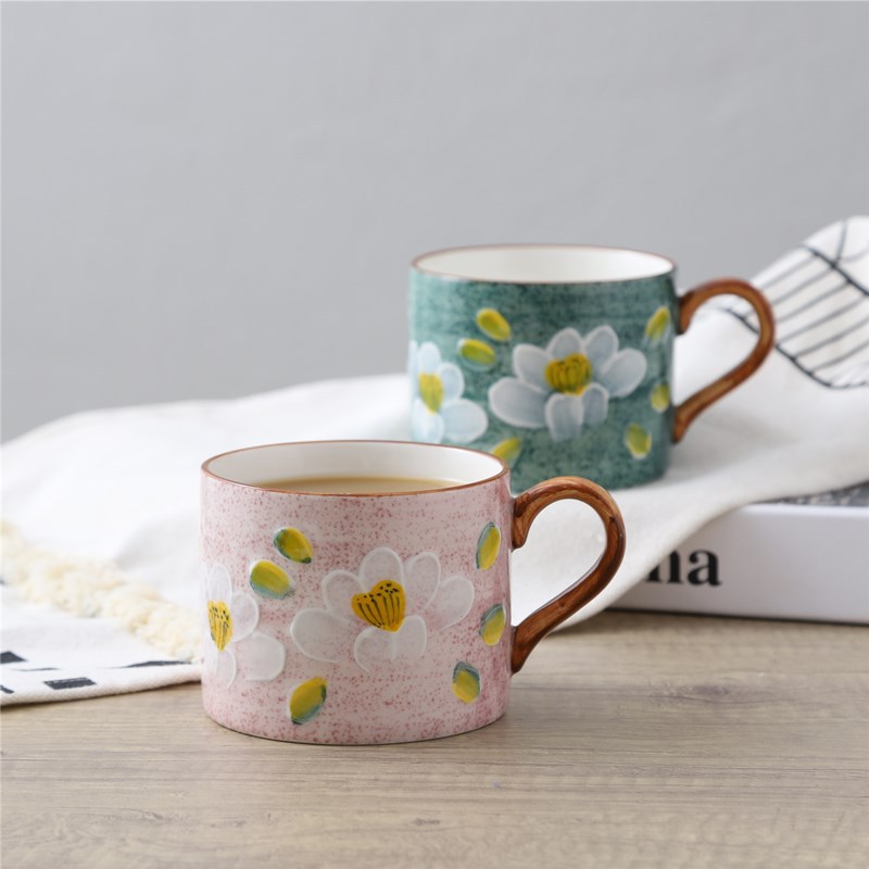 手绘釉下彩蓝染山茶花大容量花茶杯高温烧制茶隔马克杯陶瓷杯