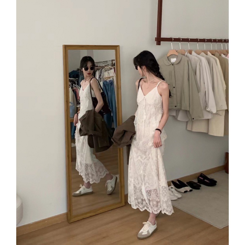 2024 Summer Ruffles Lace Strap Dress for Women Summer Slimming Gentle Temperament Vacation Dress with One Set