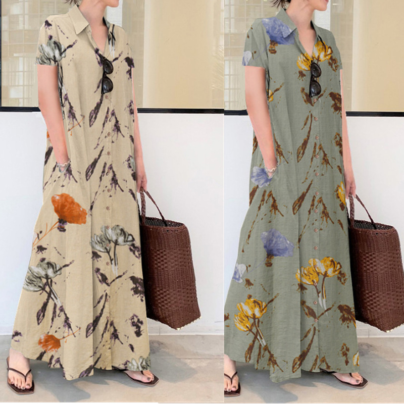 2021 Popular Japanese and Korean Style Cotton and Linen Printing Lapel Short Sleeve Pocket Simple Loose Casual Long Shirt Dress
