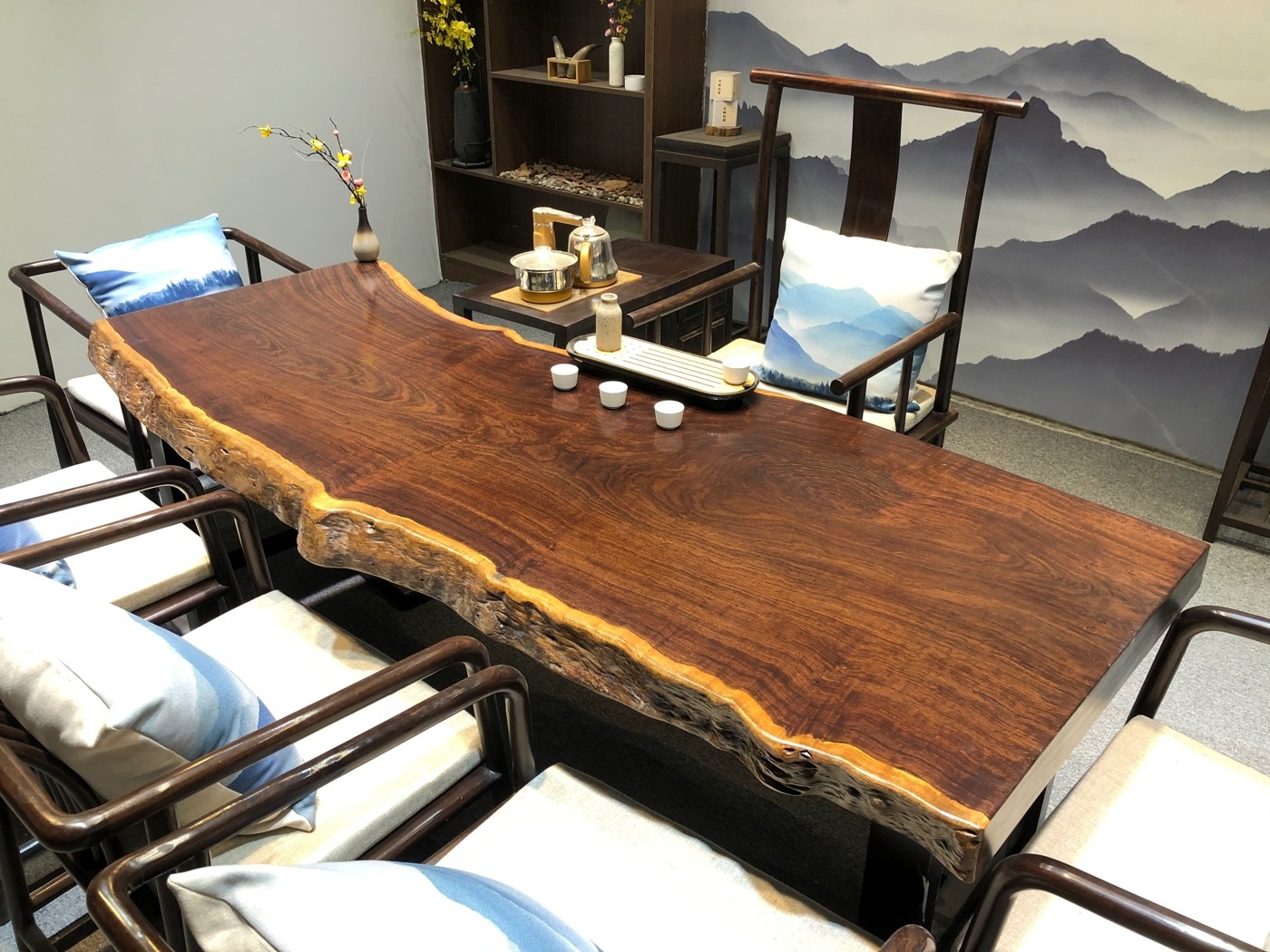 黑檀实木大板桌 新中式奥坎实木泡茶桌 胡桃木办公桌大板茶桌现货