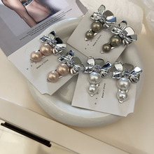 银色蝴蝶结钻石发夹一字边夹侧发卡头饰韩国夏季新款气质珍珠压夹