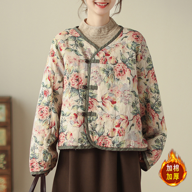 实拍现货中式国风棉袄女冬季碎花夹棉外套茶服文艺复古民族风棉服