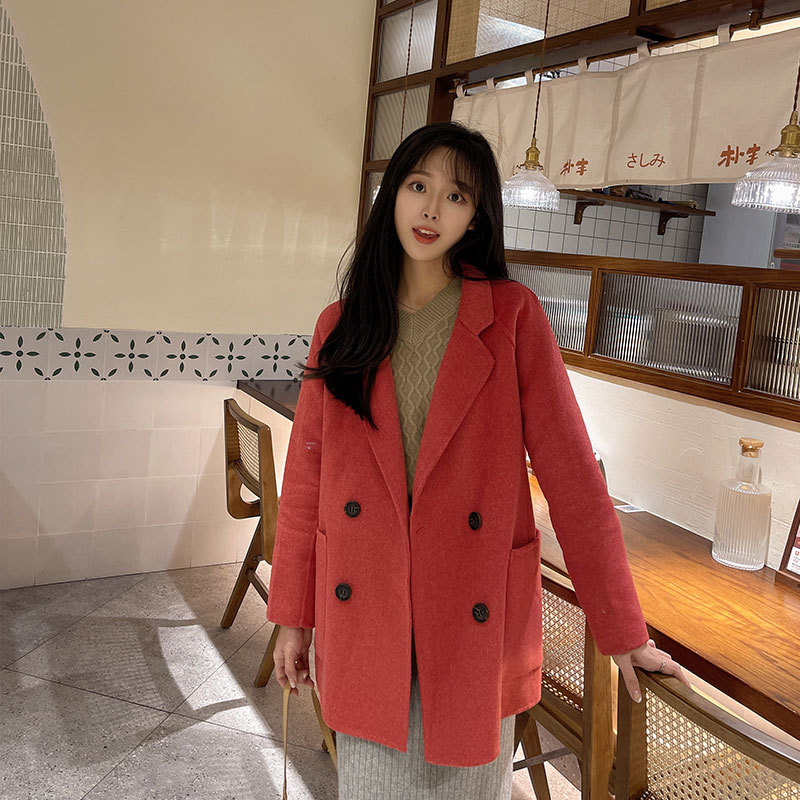 现货批发一件代发2021秋冬新款小西装款西瓜红双面羊绒大衣女羊毛