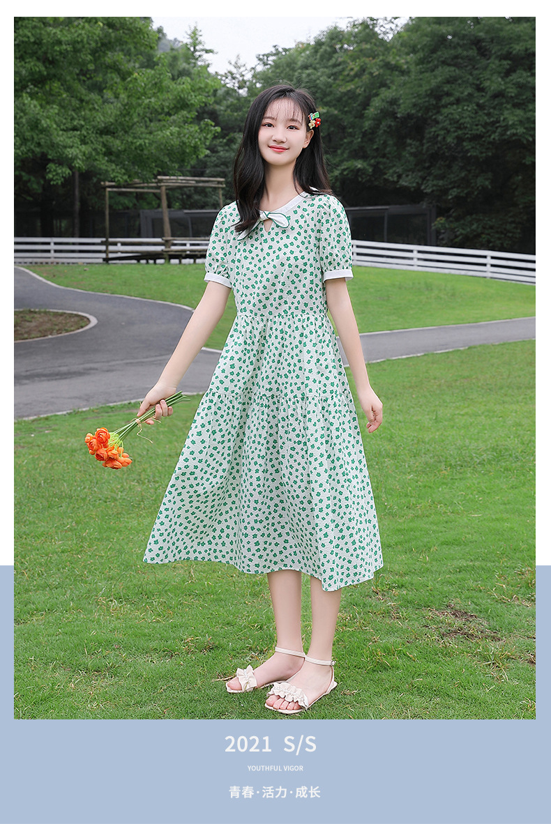 高中生连衣裙初中学生夏装新款大童少女韩版绿色碎花裙子2109141