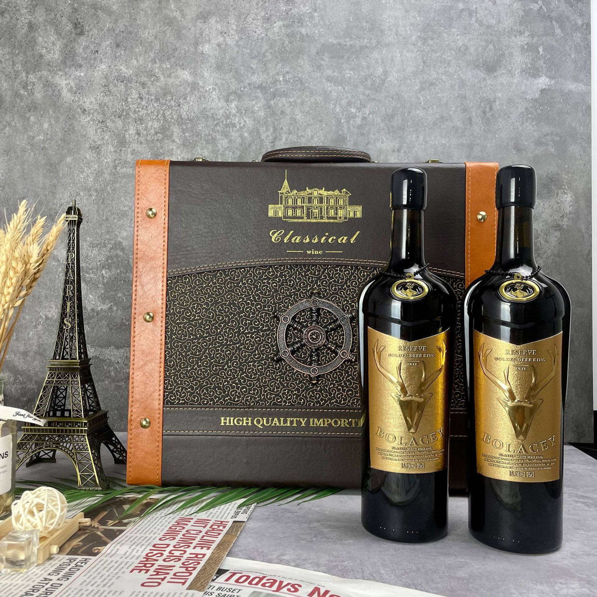 礼盒装节日送礼法国进口红酒16.8度葡萄酒皮盒款一件代发批发团购