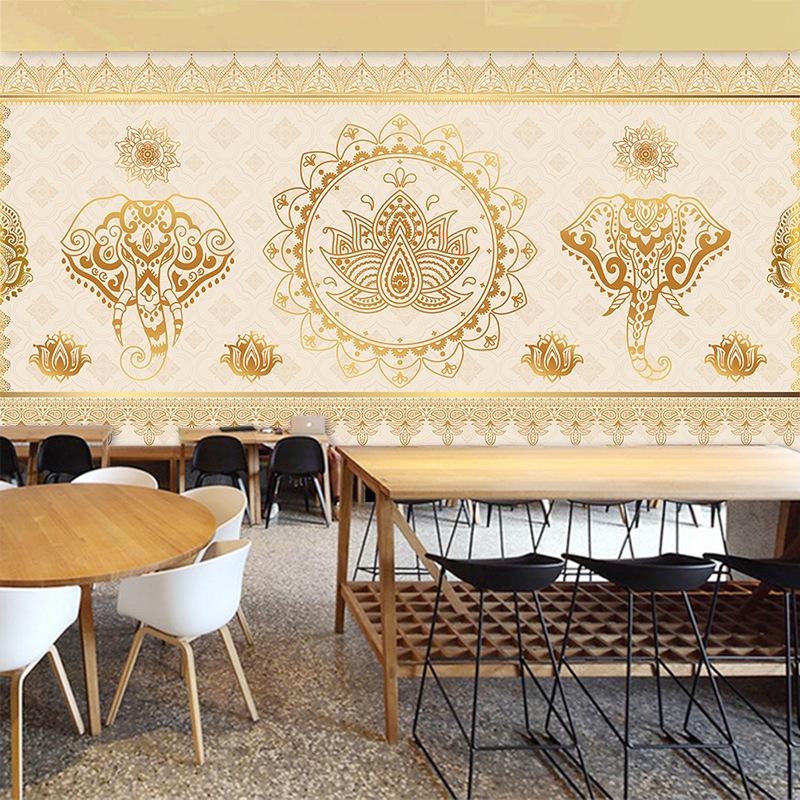 3d泰国象佛墙纸泰式风情东南亚餐厅装修背景墙养生馆酒店前台壁纸