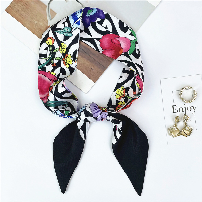 New Flower Animal Thin Narrow Strip Small Silk Scarf Female Hair Band Decorative Scarf Long Bar Tied Bag Belt Wholesale