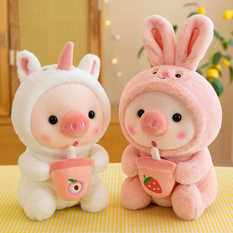 Pink Rabbit Fur Fabric Milk Tea Pig Plush Toy Piggy Doll Female Birthday Present Ragdoll