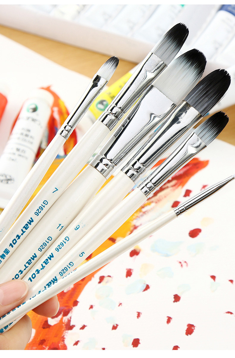 马利油画水粉丙烯圆头画笔6支 尼龙水彩颜料笔套装学生儿童用排笔