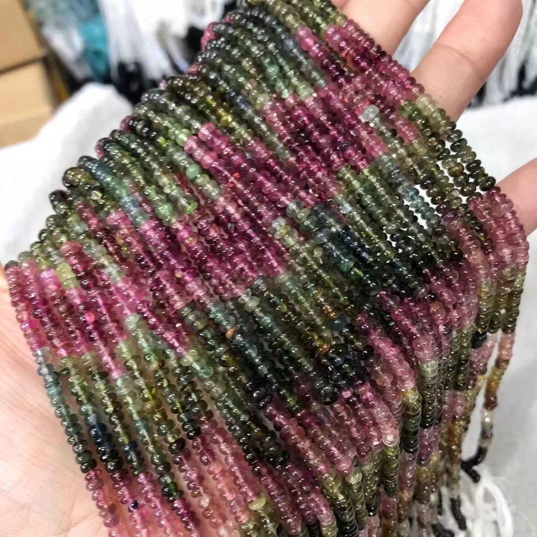 天然渐变色巴西碧玺光面扁珠半成品散珠 diy手工饰品配件手链批发