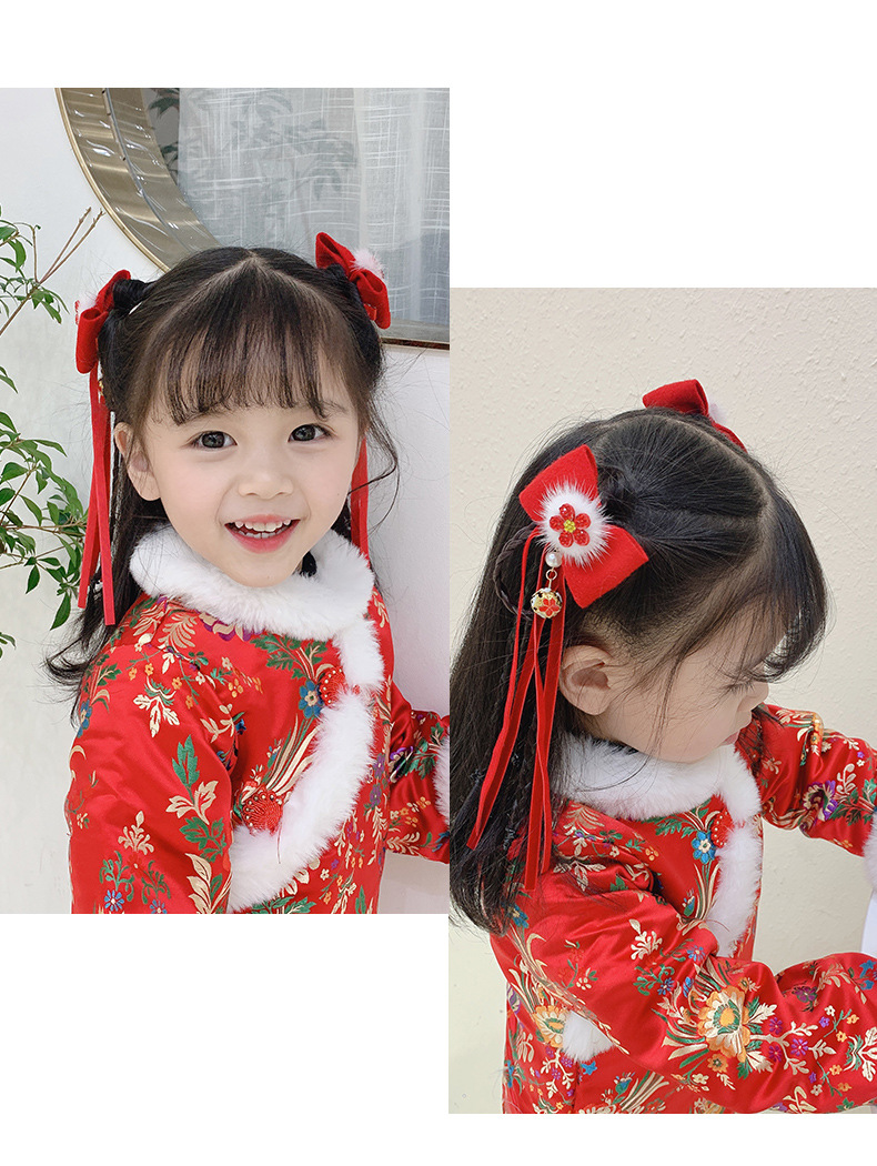 中国风新年头饰儿童唐装汉服拜年发饰女童宝宝辫子蝴蝶结流苏对夹