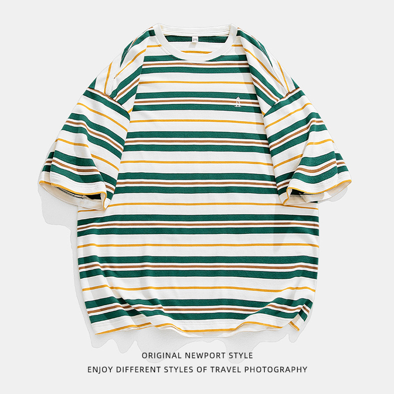 Men's Fashion Brand Retro Contrast Color Striped T-shirt Men's Spring and Summer New Loose All-Matching Couple Style Short Sleeve