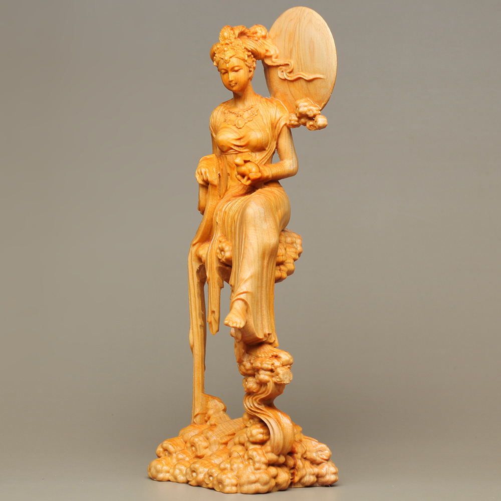 崖柏木月中嫦娥雕刻木雕摆件办公桌书房木工艺品人物美女摆饰送礼