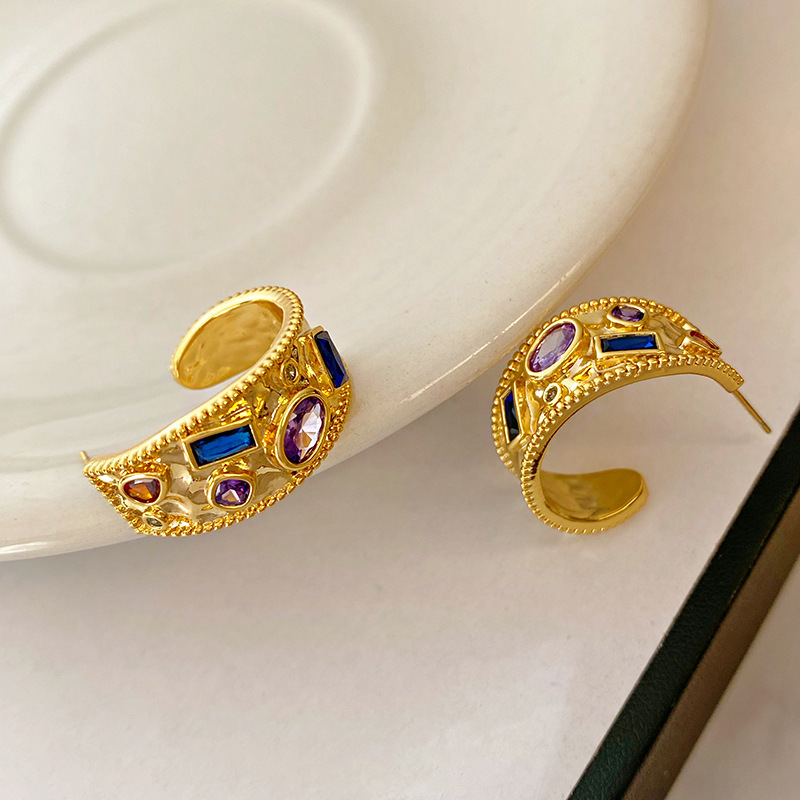 5a grade zircon earrings niche high-grade c- shaped earrings 925 sterling silver needle real gold plating chinese ancient style artistic color